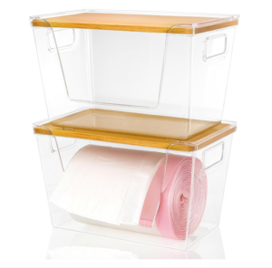 CLEAR BINS WITH CUT OUT FOR TRASH BAGS AND BAMBOO LID